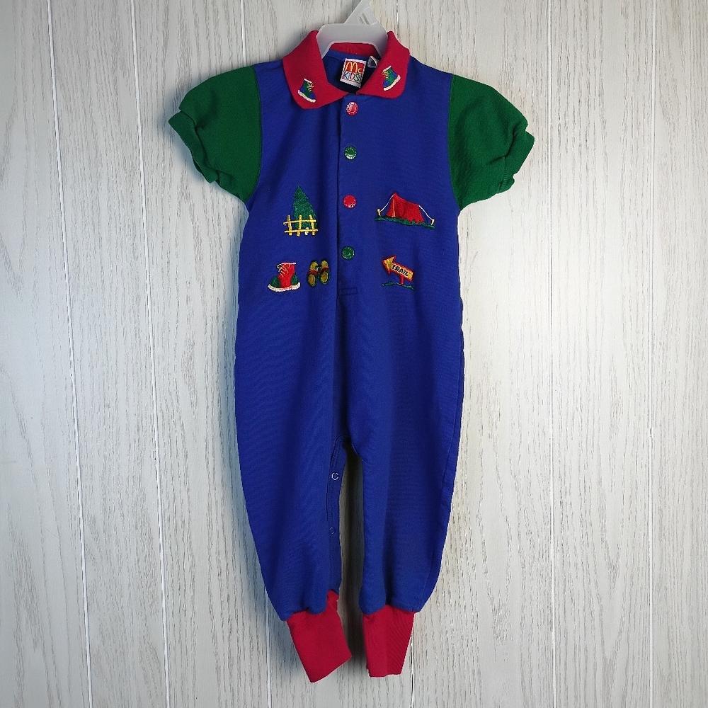VTG  McKids Romper Infants month Blue Embordered Camping 90s color toddler